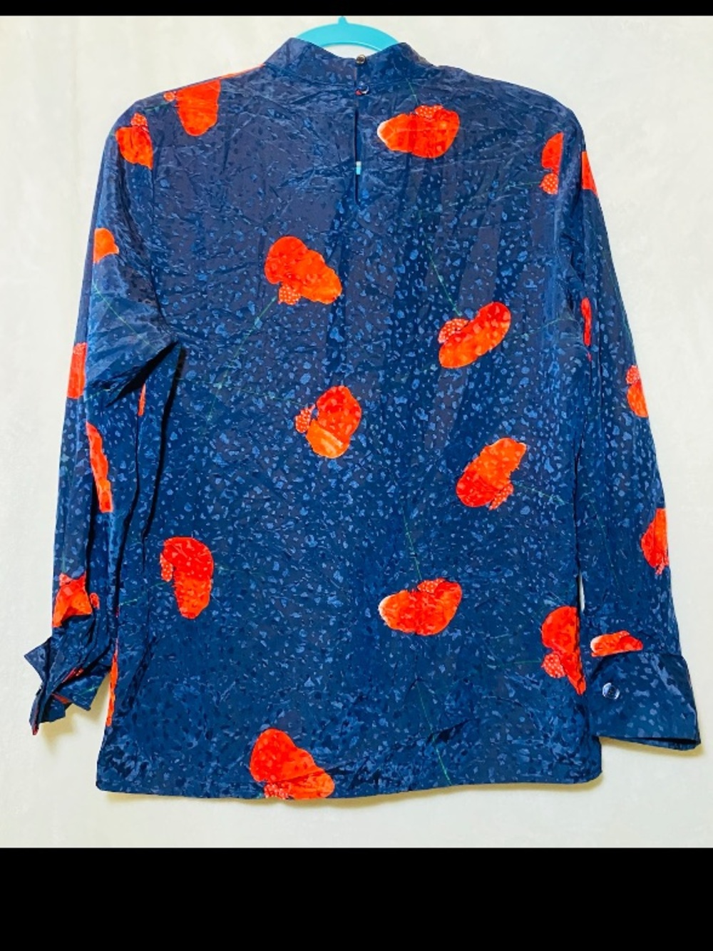 Women's Navy Floral Long-Sleeve Blouse with Red Poppy Print